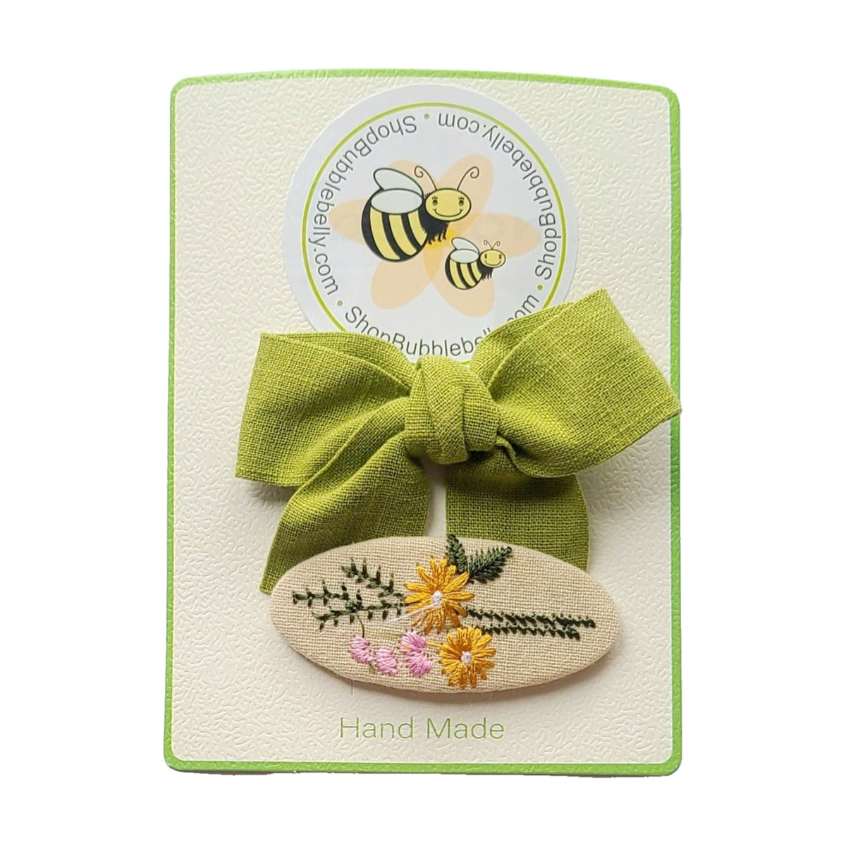 Handmade linen bow and floral snap clip set, sage green, clip set on card