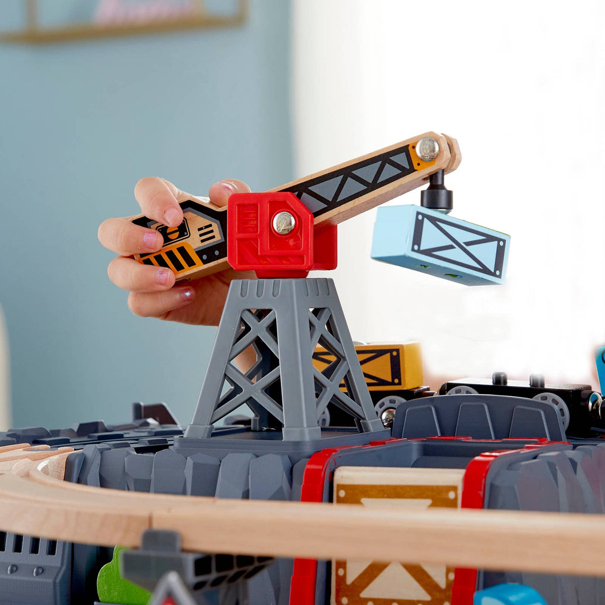 Hape Railway Bucket Builder wooden train set, crane and cargo
