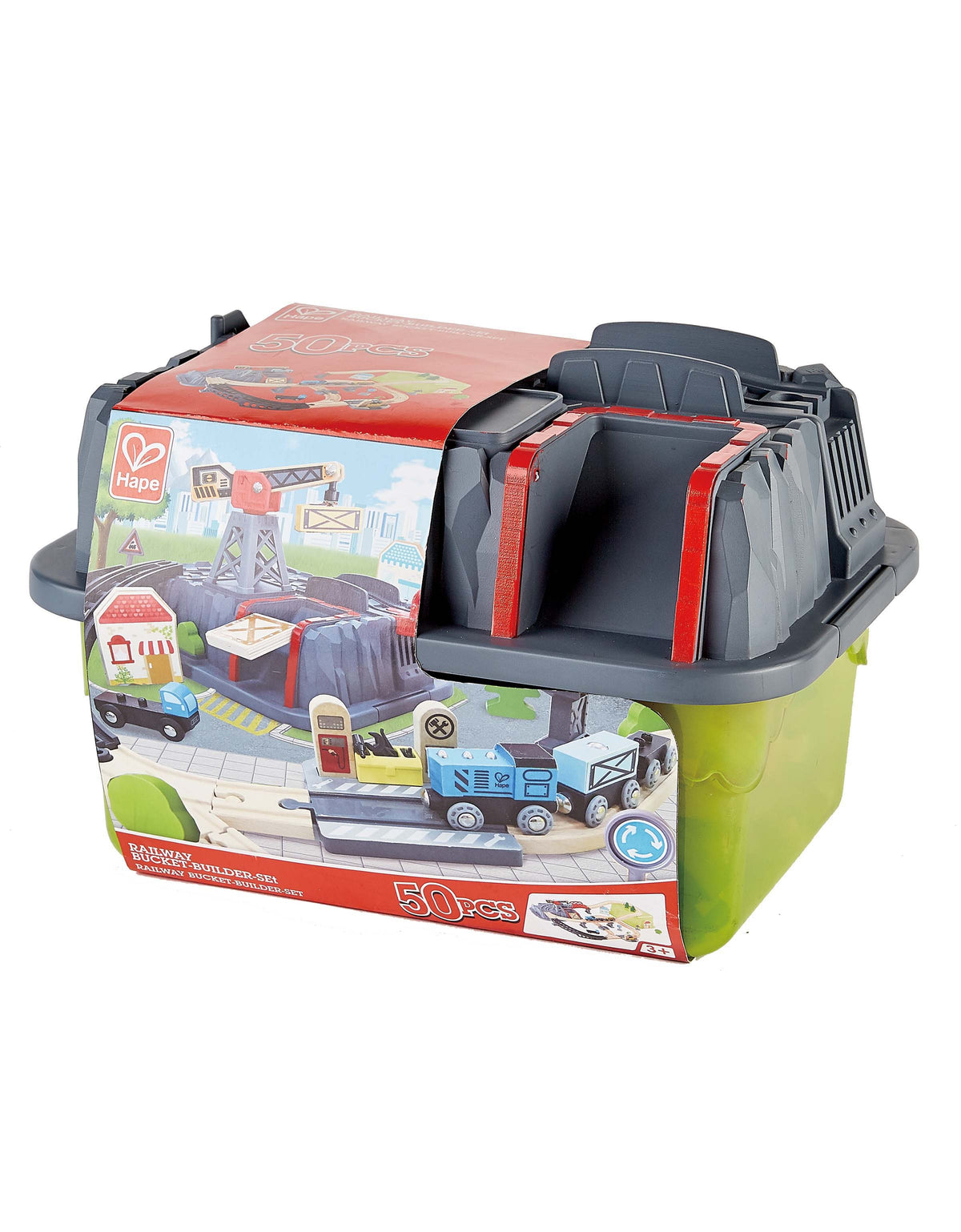 Hape Railway Bucket Builder wooden train set, storage bucket packaging