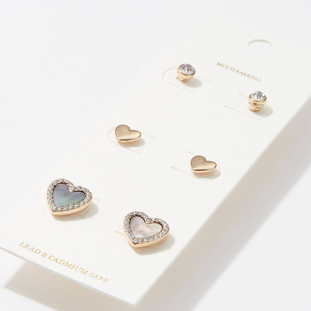 Heart and stud earring set of 3 with mother of pearl and gold, close up