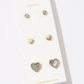 Heart and stud earring set of 3 with mother of pearl and gold, on card