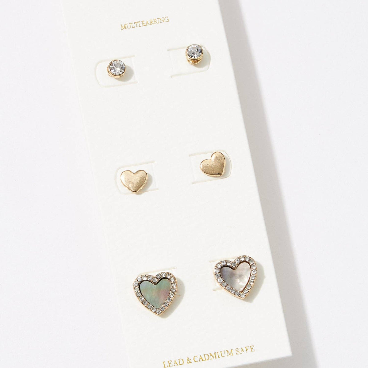 Heart and stud earring set of 3 with mother of pearl and gold, on card