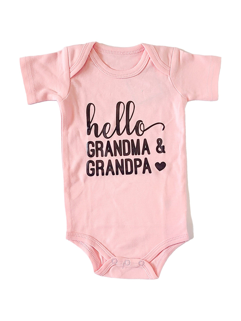 Hello Grandma and Grandpa baby bodysuit, pink, front view