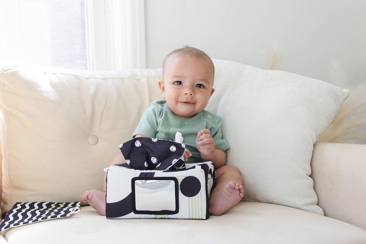 High contrast baby tissue box sensory toy with mirror, view 14