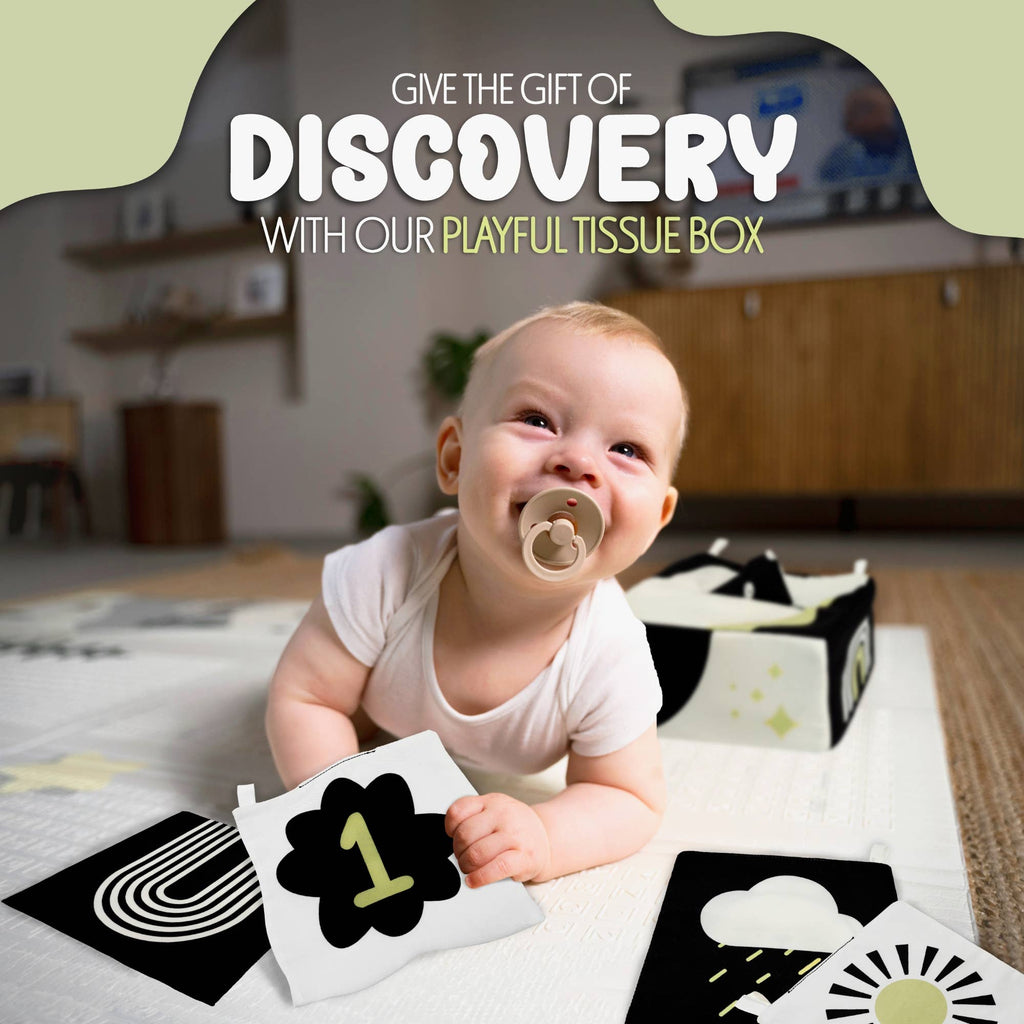 High contrast baby tissue box sensory toy with mirror, view 3