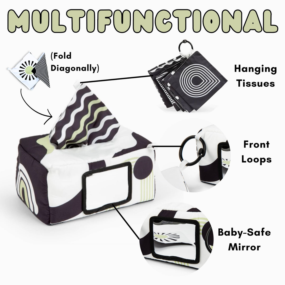 High contrast baby tissue box sensory toy with mirror, view 4