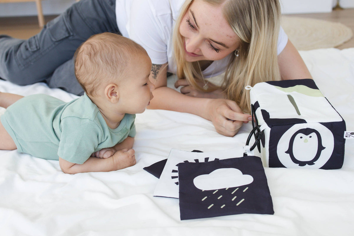 High contrast baby tissue box sensory toy with mirror, view 8