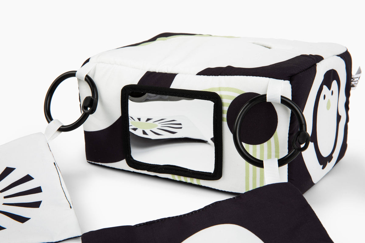 High contrast baby tissue box sensory toy with mirror, view 9