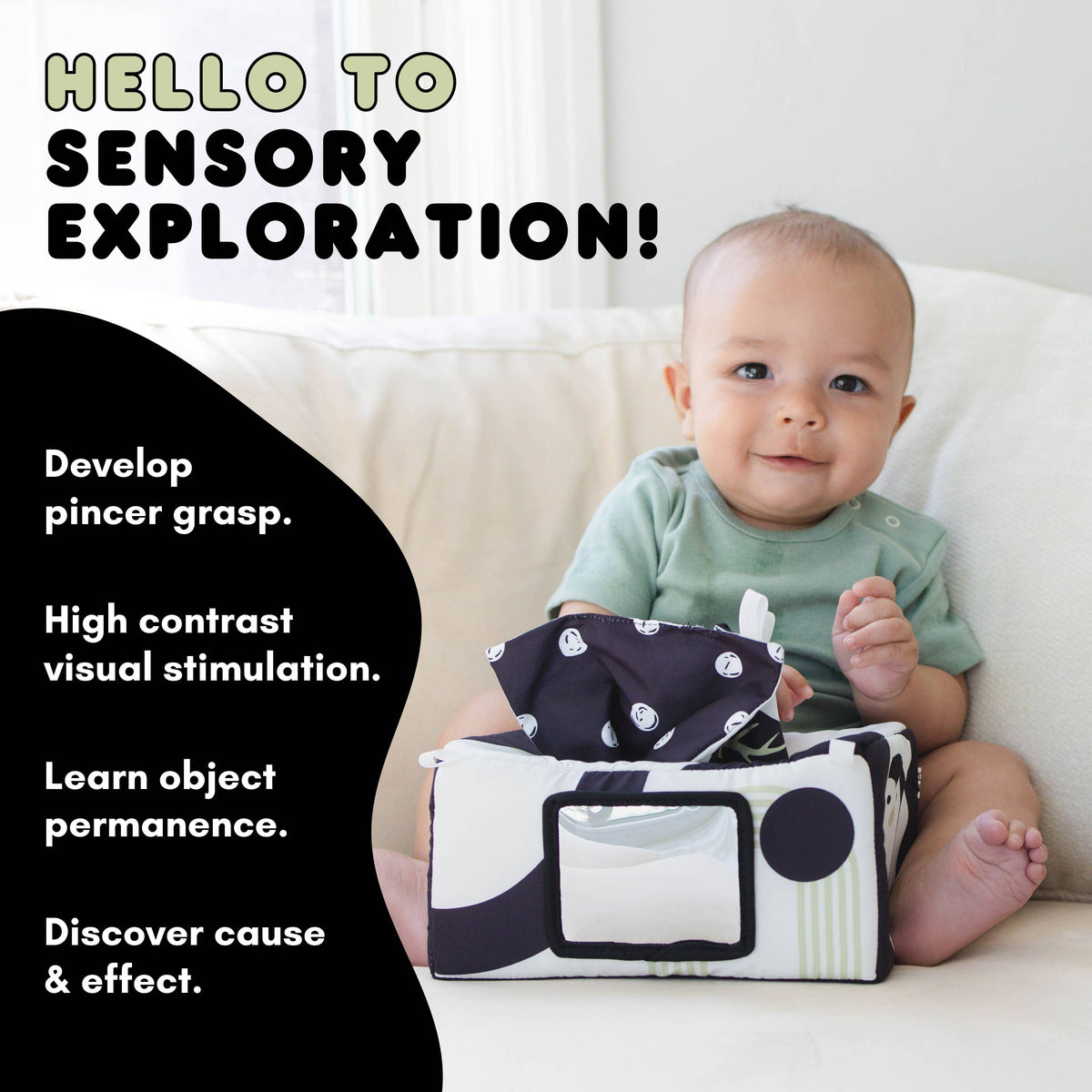 High contrast baby tissue box sensory toy with mirror, view 2