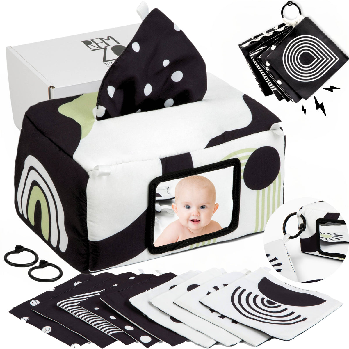 High contrast baby tissue box sensory toy with mirror, front view