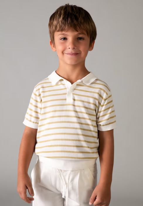3106 Mini Boy Eco-Cotton S/S Striped Polo Shirt - Cream Brown