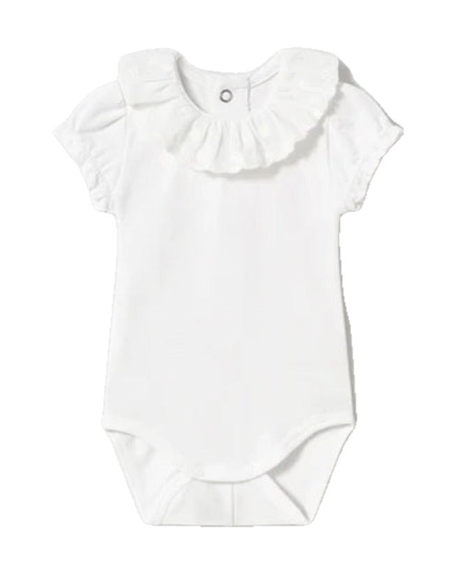 Mayoral baby girl embroidered ruffled collar snap bodysuit, white, front view