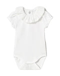 Mayoral baby girl embroidered ruffled collar snap bodysuit, white, front view