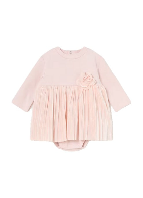 Mayoral baby girl pleated onesie velour dress, blush, front view