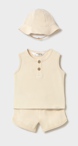 1294 Mayoral Baby UNISEX Eco-Cotton 3PC Shorts, Tank Top, and Hat Set - Chickpea