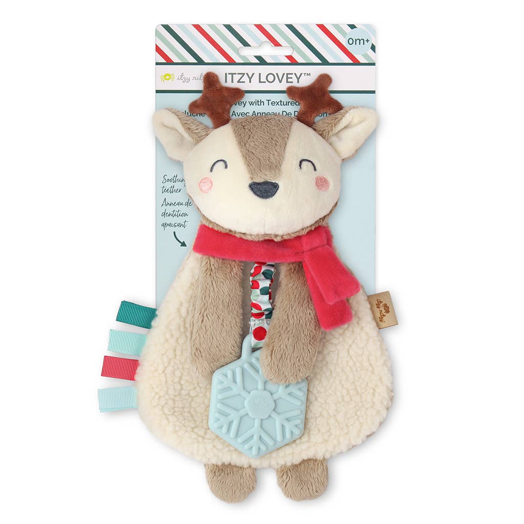 Itzy Ritzy reindeer sensory lovey with teether, in package