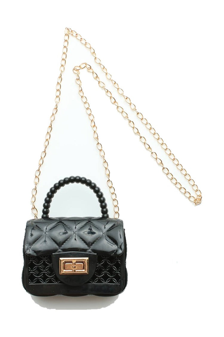 Girls black jelly lattice mini handbag purse with gold chain