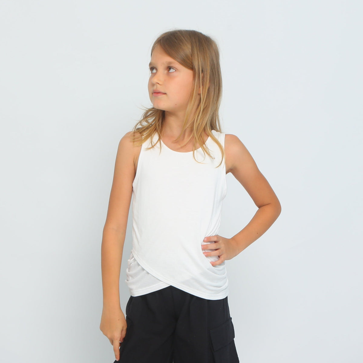Tween girls criss cross hem tank, ivory white, front view