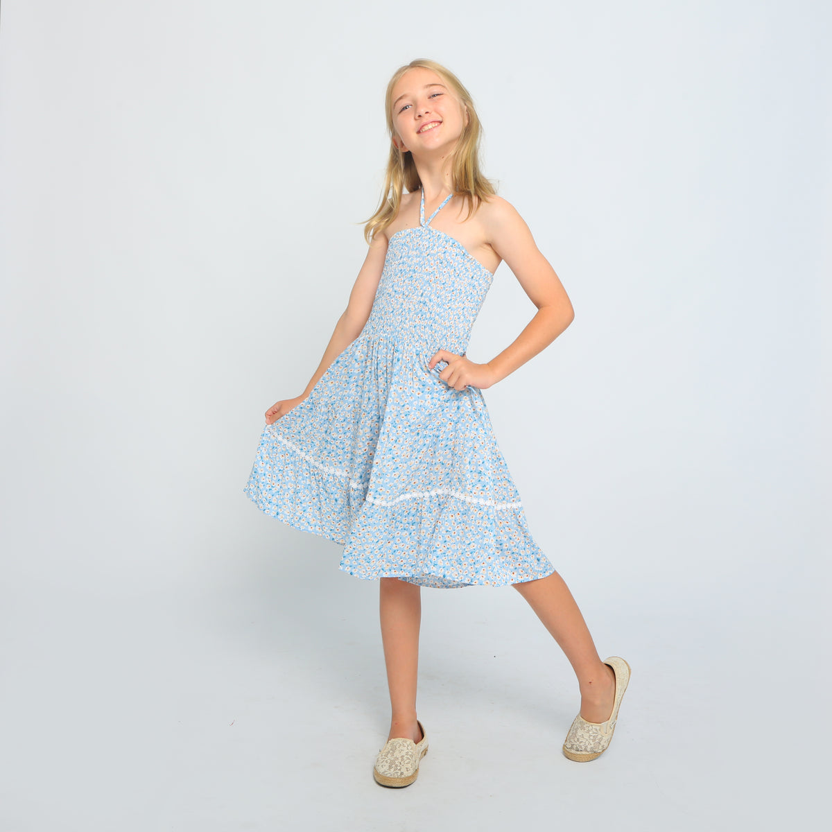 Tween girls crochet lace romper, poppy blue, front view