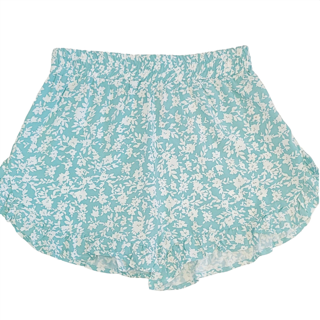 Tween girls ruffled shorts, Pacific blue aster, front view
