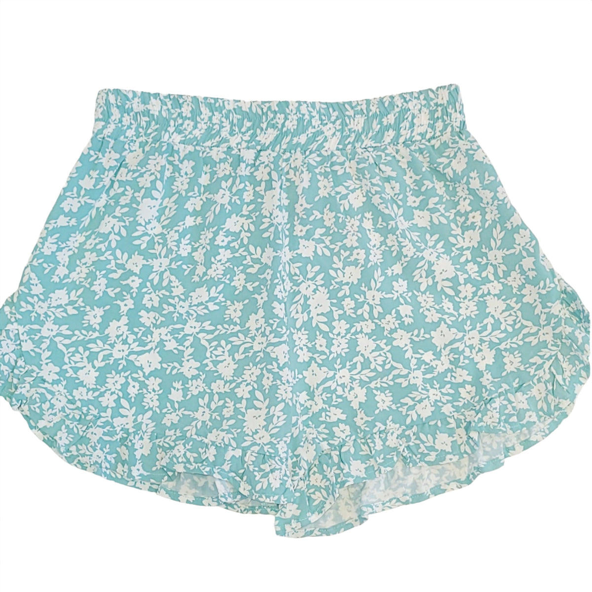 Tween girls ruffled shorts, Pacific blue aster, front view