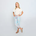 Tween girls rayon pant, paisley lavender and blue, front view