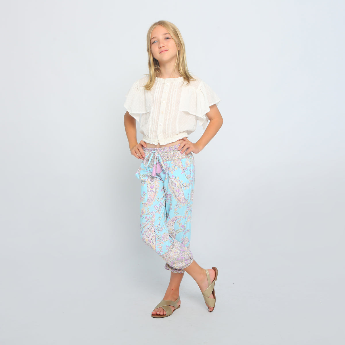 Tween girls rayon pant, paisley lavender and blue, front view