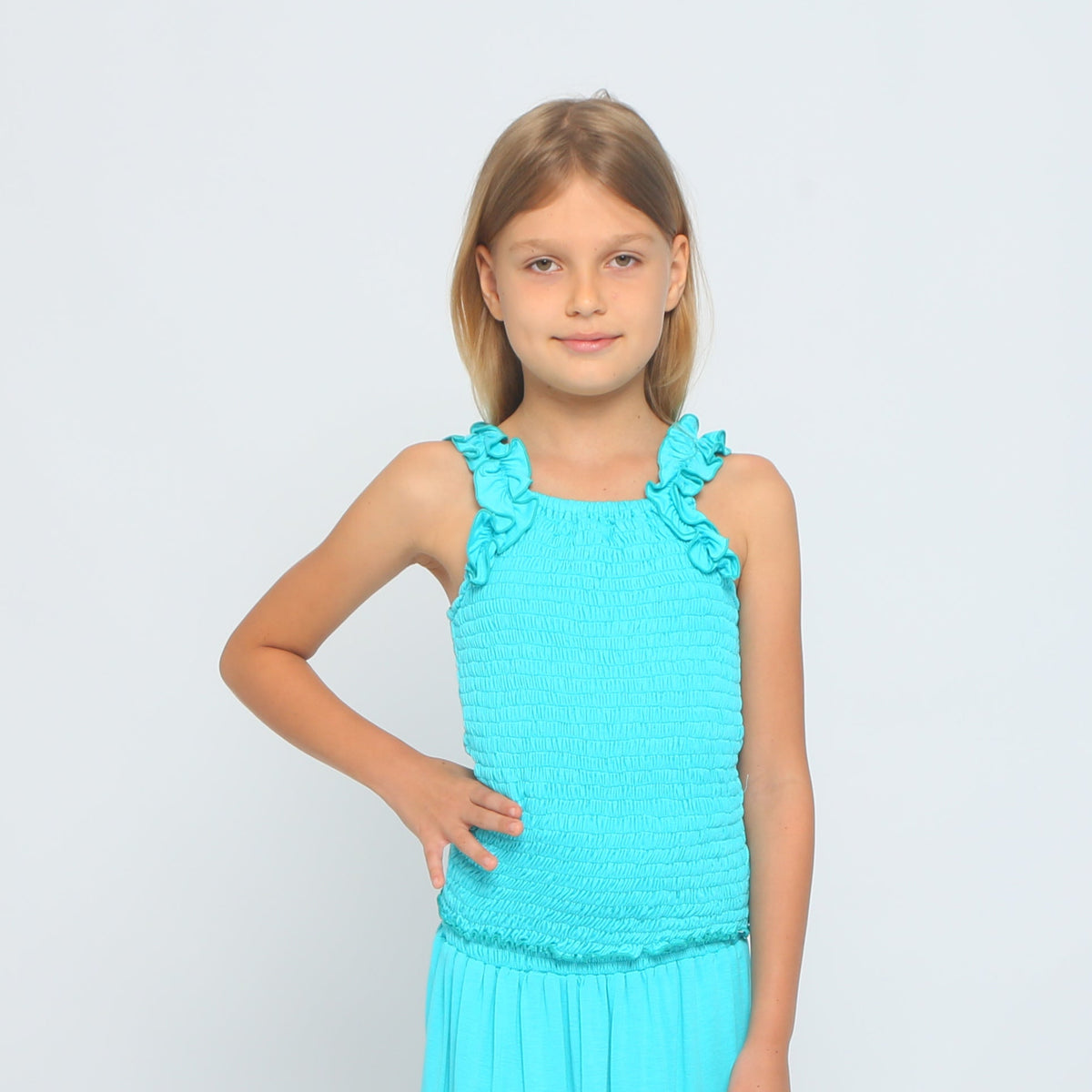 Tween girls ruched ruffle tank top, Mediterranean blue, front view