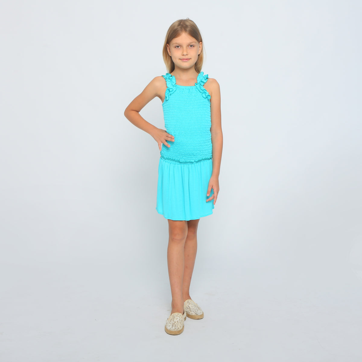 Tween girls ruched waist flowy skirt, Mediterranean blue, front view