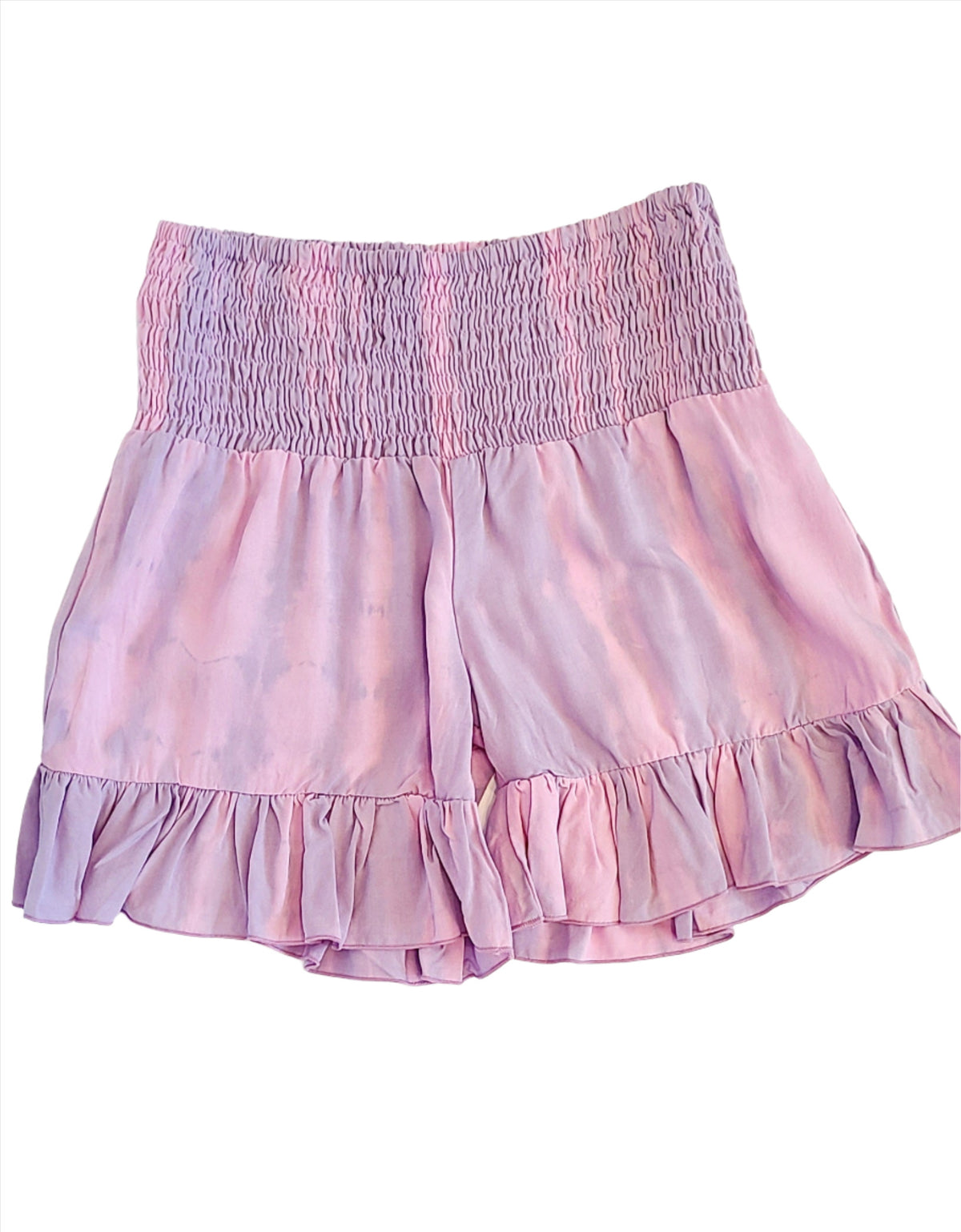 Tween girls ruched waist ruffle shorts, purple watercolor, front view