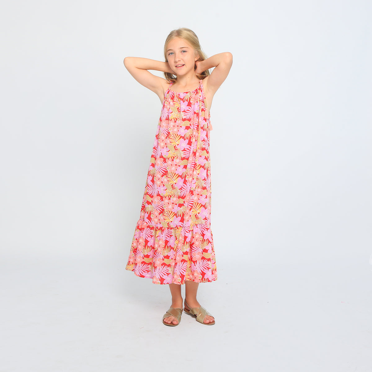 Tween girls tie shoulder maxi dress, Luna Bali, front view