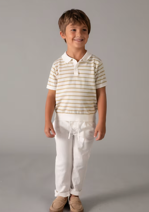 3106 Mini Boy Eco-Cotton S/S Striped Polo Shirt - Cream Brown