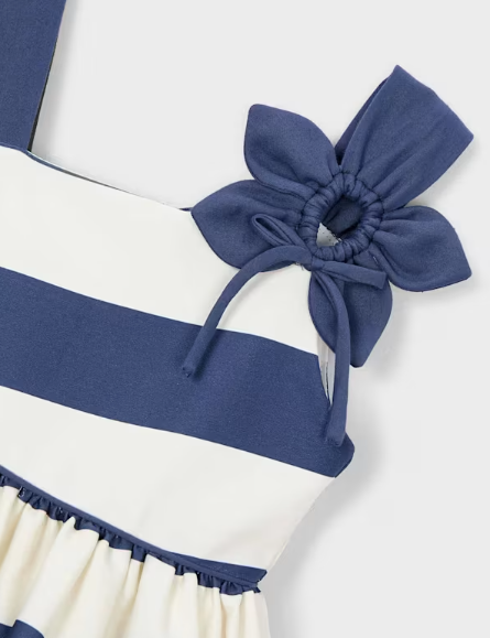 3924 Mini Girls Eco-Cotton, Formal Asymmetric Navy Striped and Flower Dress - Porcelain Blue