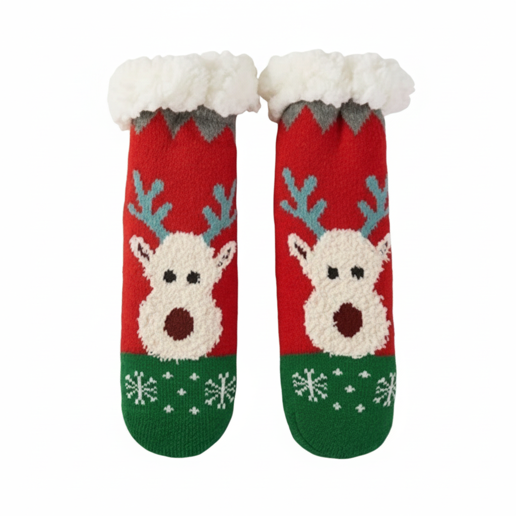 Kids Christmas fuzzy reindeer socks, festive red, front view