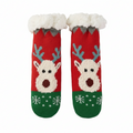 Kids Christmas fuzzy reindeer socks, festive red, front view