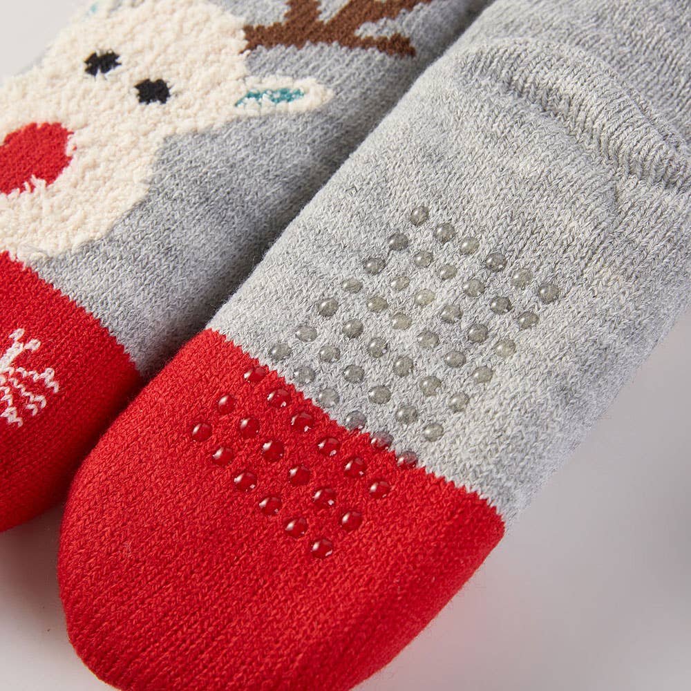 Kids Christmas Fuzzy Winter Socks Set, Reindeer Neutral Grey non skid bottom