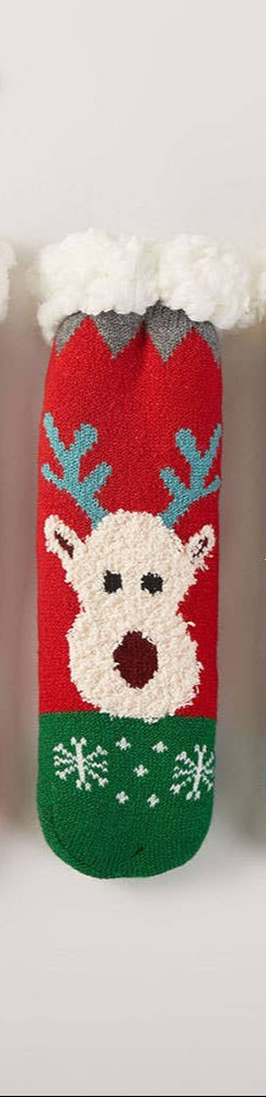 Kids Christmas fuzzy reindeer socks, festive red, side view