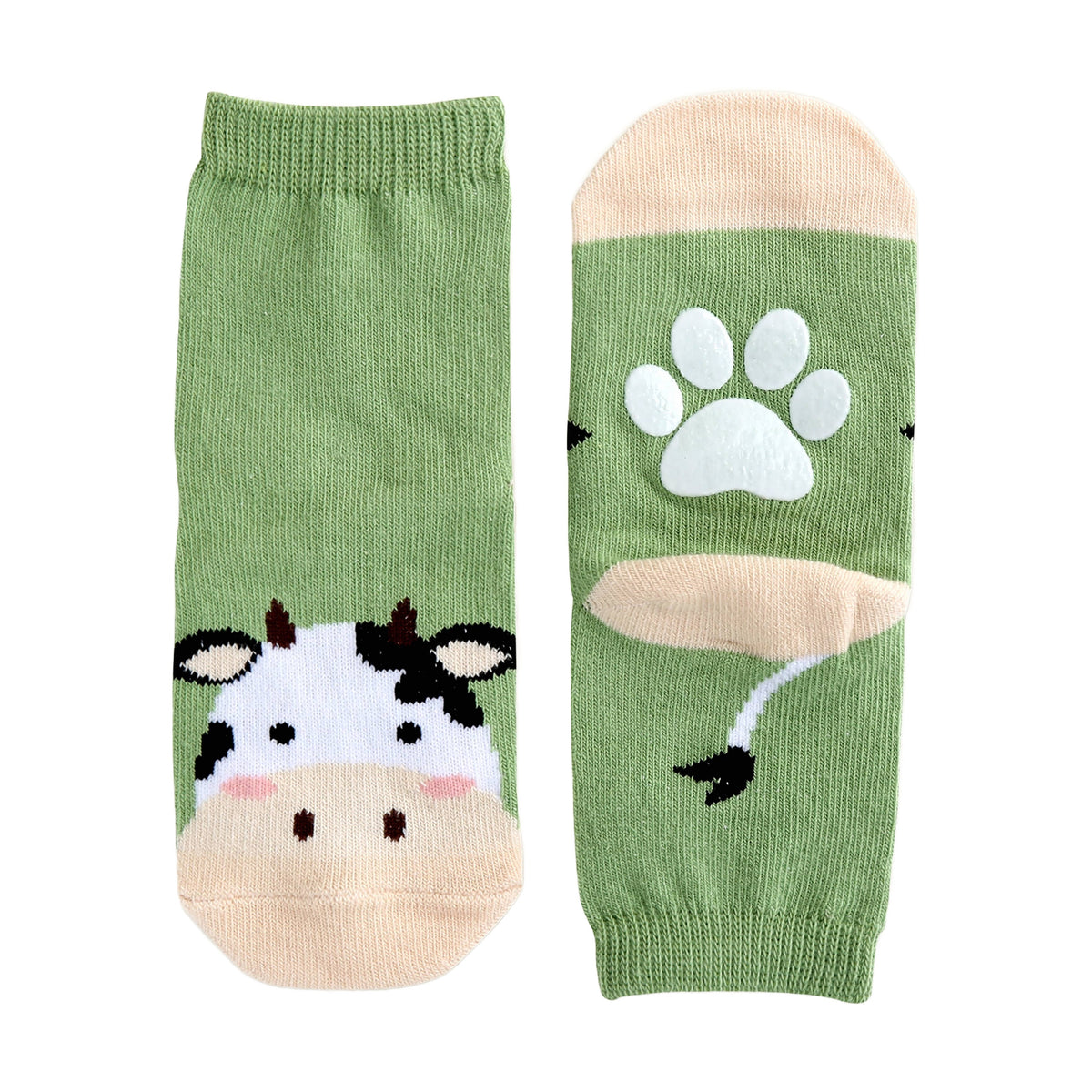 Green cow grip ankle socks, front cow face and non-slip paw grip sole