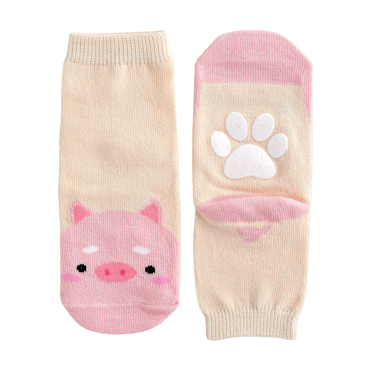 Cream and pink pig grip ankle socks, front pig face and non-slip paw grip sole