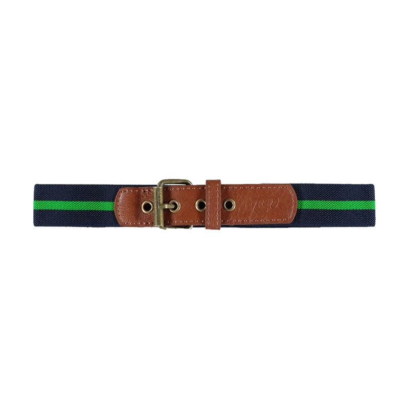 Mayoral kids stretchy adjustable belt, navy blue & kelly green, front view