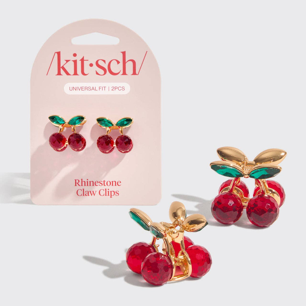 Kitsch cherry rhinestone mini claw clips, on the card and loose