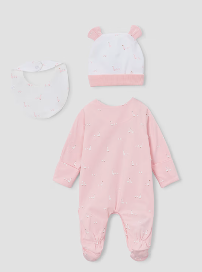 1728 Mayoral Baby Girls 3pc Gift Set, Hat, Footie, and Bib - Pink Textured Geese