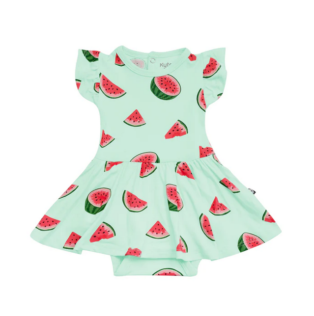 Kyte Baby bamboo twirl bodysuit dress, watermelon, front view