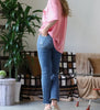 Ladies / Junior Stretch Distresssed Step Hem High Waist Flare Jeans - Medium Wash