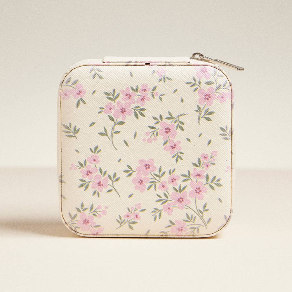 Square travel jewelry box, vintage pink floral, front view