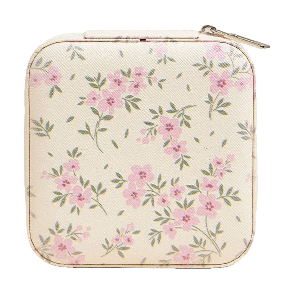 Square travel jewelry box, vintage pink floral, front view