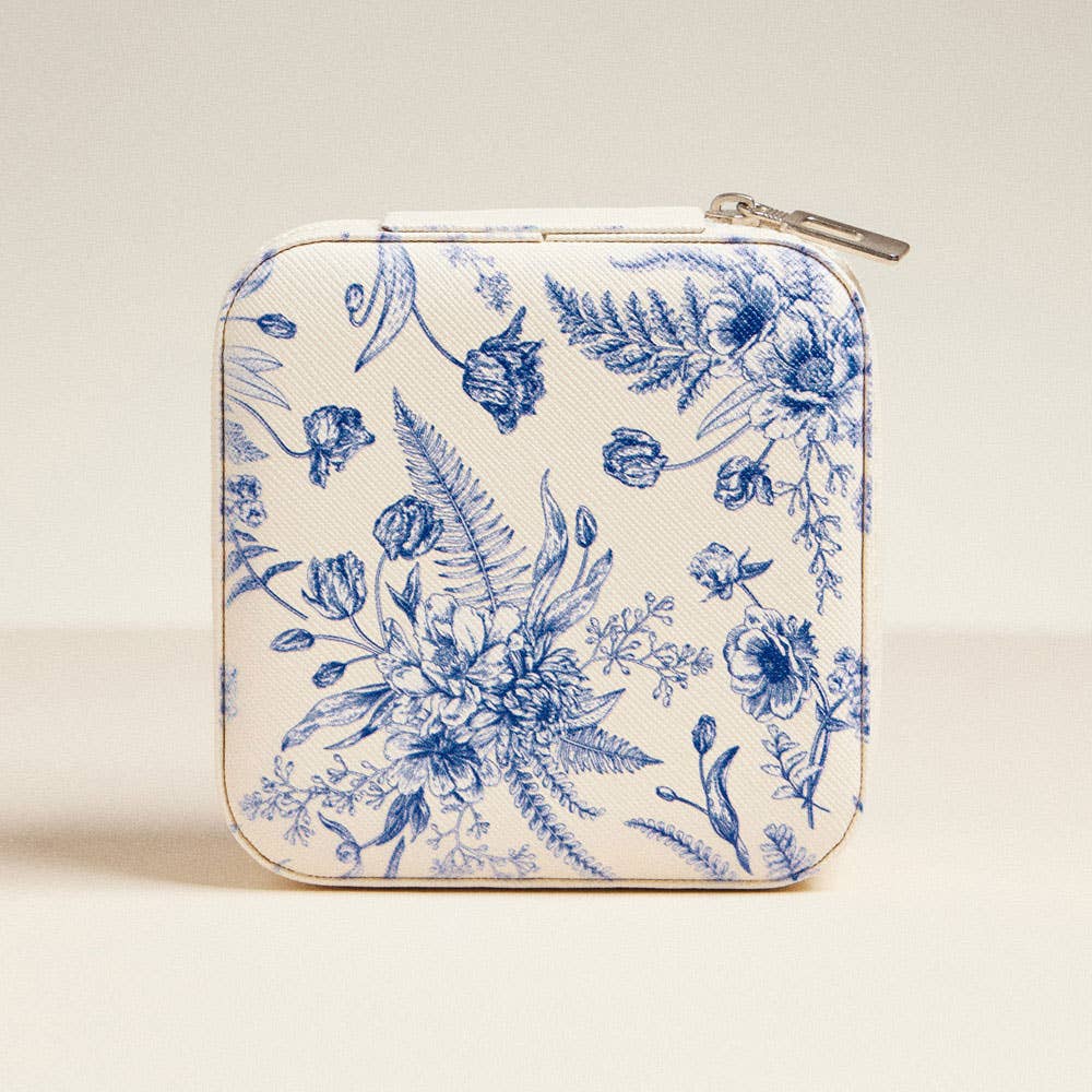 Square travel jewelry box, vintage blue floral, front view