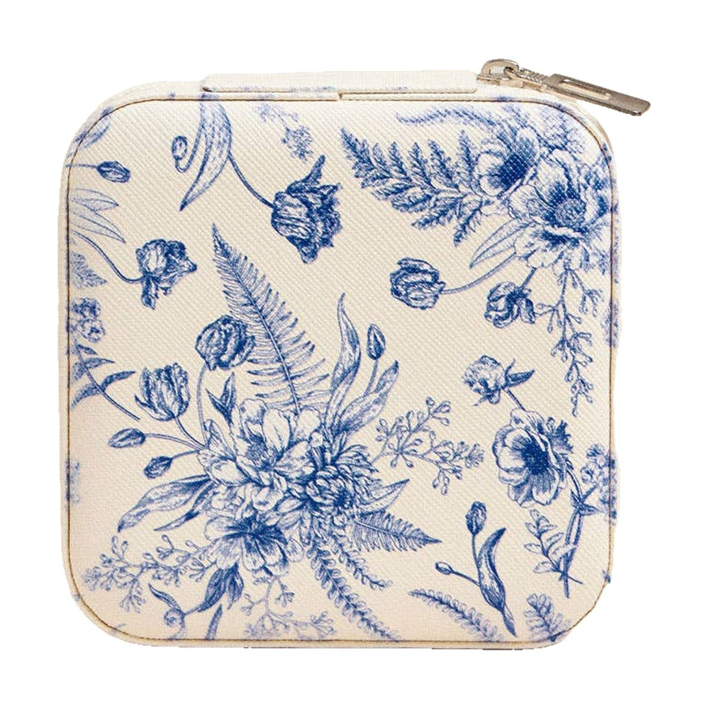 Square travel jewelry box, vintage blue floral, front view