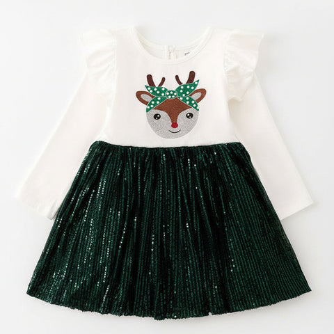 Mini Girls Sequined Skirt, Fawn Print Ruffled Shoulder L/S Dress - Pine Green