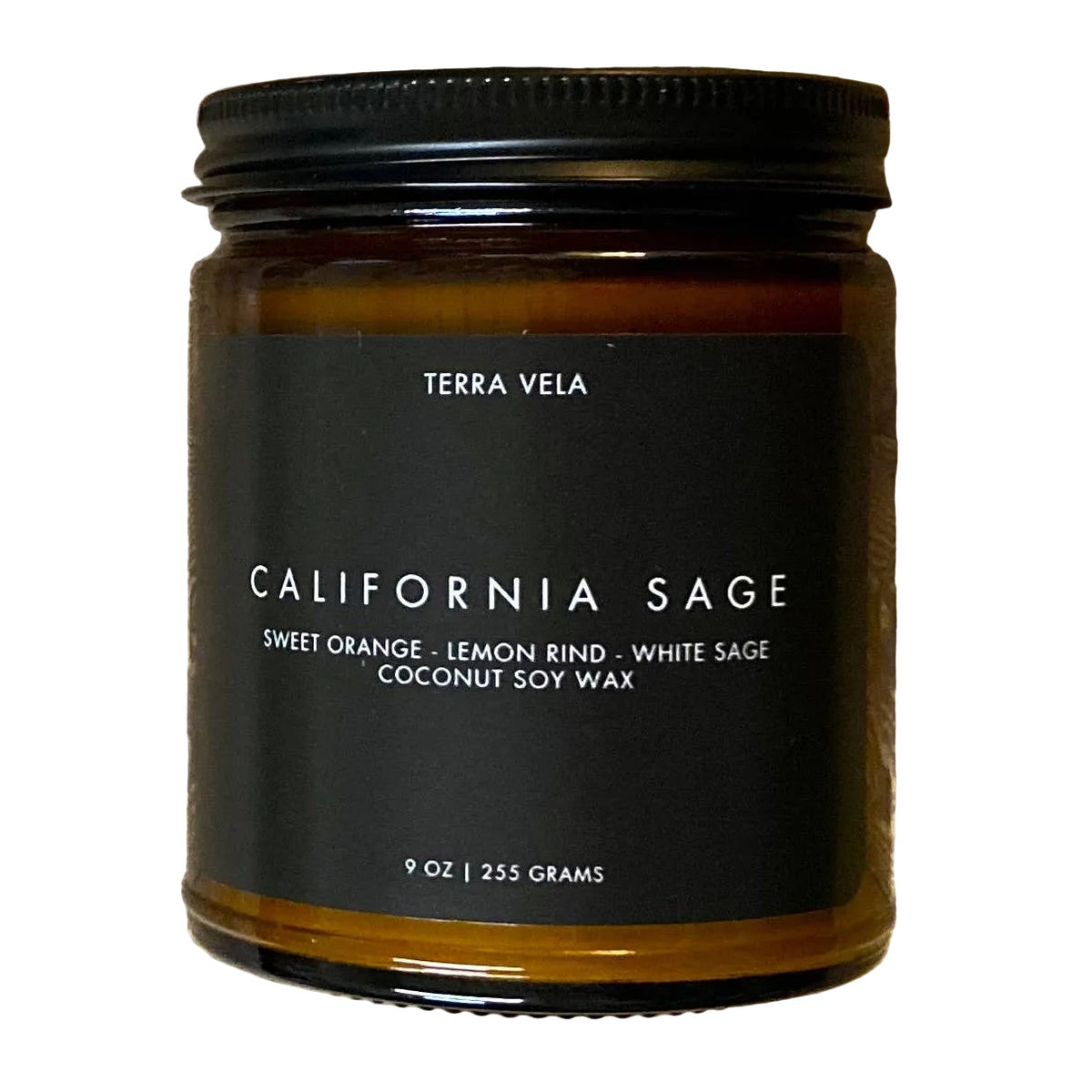 California Sage soy candle in a 9 oz amber glass jar with a black lid and label